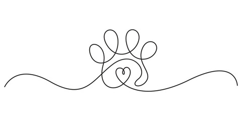 Paw prints. Hand drawn background footprint pet, dog or cat. Continuous single line animal. Drawing one line outline. Foot marks. Vector illustration