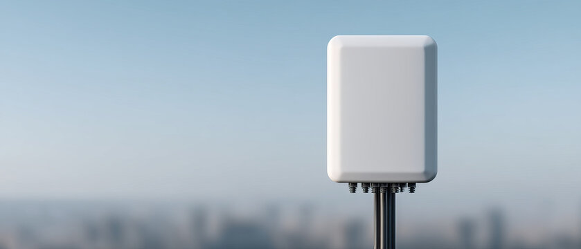 Wireless access point mounted on pole with blurred cityscape background under clear blue sky
