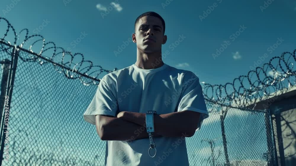 Poster a person standing by a chain link fence, possibly waiting or observing something