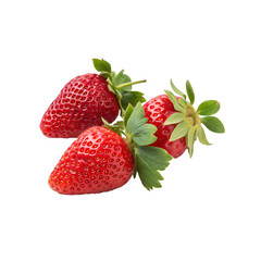 Three Fresh Strawberries with Green Leaves and strawberries on transparent background.