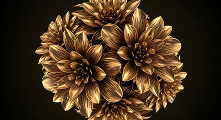 Abstract floral ornament with metallic texture, elegant 3D rendered decorative design on dark background, perfect for premium visual assets