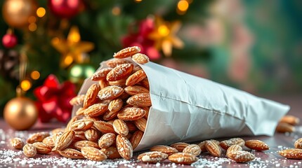 Candied almonds in a paper cone with festive background
