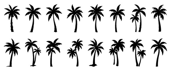 Palm tree silhouettes set – black palm tree shapes collection, isolated vector on white background