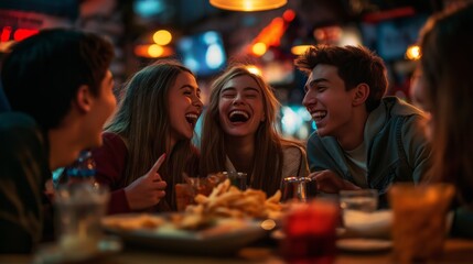 A group of young friends sits around a table in a bustling diner. They are laughing and enjoying fries and drinks during a fun night out. The warm lighting adds to the cozy atmosphere