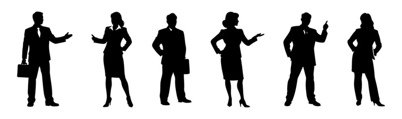 Business people silhouettes vector – group of standing men and woman in black color isolated on white background