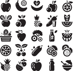 Comprehensive Black and White Fruit Vector Icon and Silhouette Collection