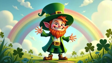 A cheerful leprechaun in a green suit dancing on a rainbow background: Festive animation for St. Patrick's Day | 4K