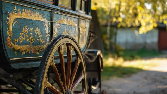 A detailed view of a horse-drawn carriage, suitable for historical or vintage-themed projects