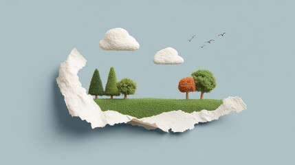 Eco friendly energy campaign concept with green trees and clouds on torn paper symbolizing nature and sustainability