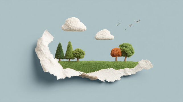 Eco friendly energy campaign concept with green trees and clouds on torn paper symbolizing nature and sustainability