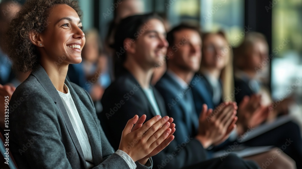 Poster attendees applaud enthusiastically during a conference held in a bright and modern space, showcasing