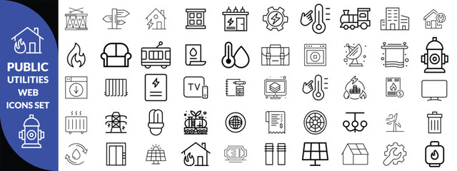 Public utilities web icons line set. Public Utilities Water, Fuel, Electricity, gas, garage, Solar House, Rent receipt, Maintainence, and More vector illustration design 