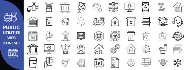 Public utilities web icons line set. Public Utilities Water, Fuel, Electricity, gas, garage, Solar House, Rent receipt, Maintainence, and More vector illustration design 