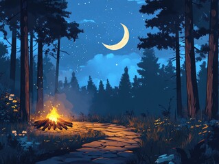 path in forest at night, crescent moon, campfire, illustration in anime style