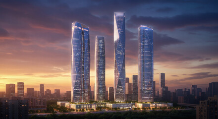 Obraz premium Modern Skyscraper Complex at Sunset Architectural Marvel