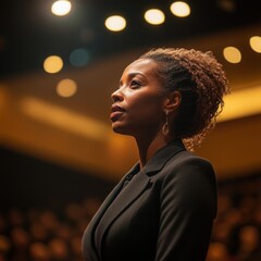 Elegant Woman with Short Curly Hair in a Conference Setting