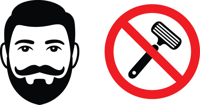 A graphic showing a man with a beard and a mustache next to a no shaving symbol on a white background
