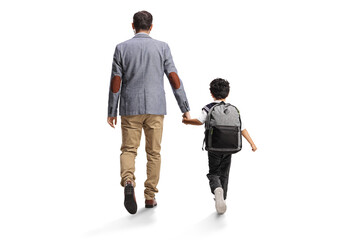 Rear view shot of a man and school kid holding hands and walking