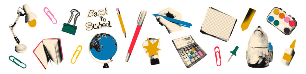 Trendy education concept halftone collage elements set with school supplies and stationery paper cut outs. Modern retro vector illustration for mixed media design isolated on transparent background