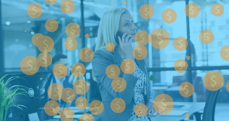 Image of data processing over diverse business people talking on smartphone in office