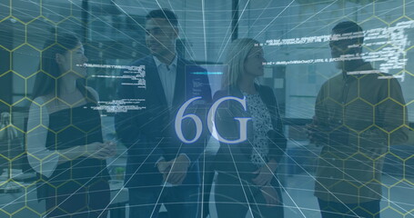 Image of data processing over diverse business people talking in office