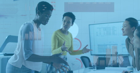 Image of data processing over diverse business people talking in office