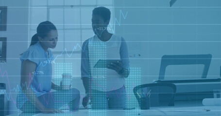 Image of data processing over diverse business people talking in office