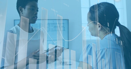 Image of data processing over diverse business people talking in office