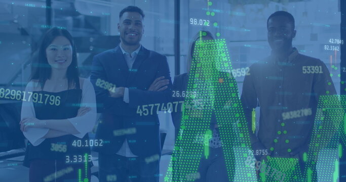 Image of data processing over diverse business people smiling in office