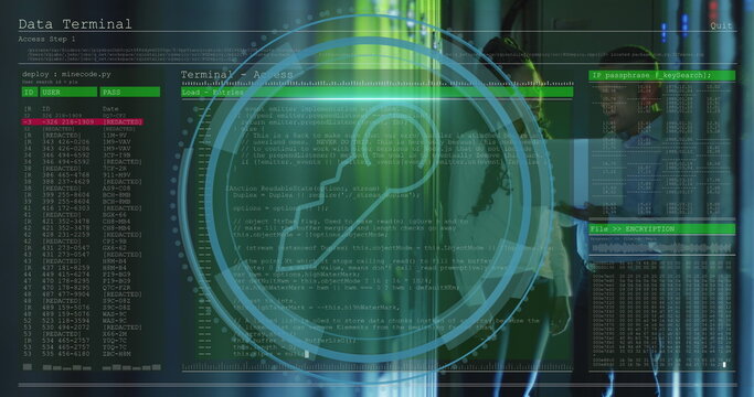 Image of data processing over african american workers in server room