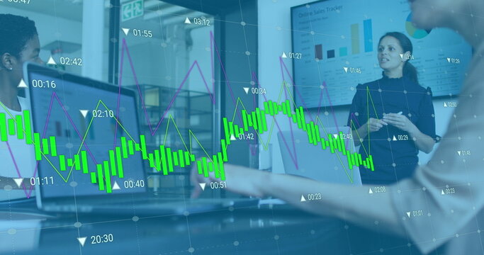 Image of data processing over diverse business people talking in office - Powered by Adobe