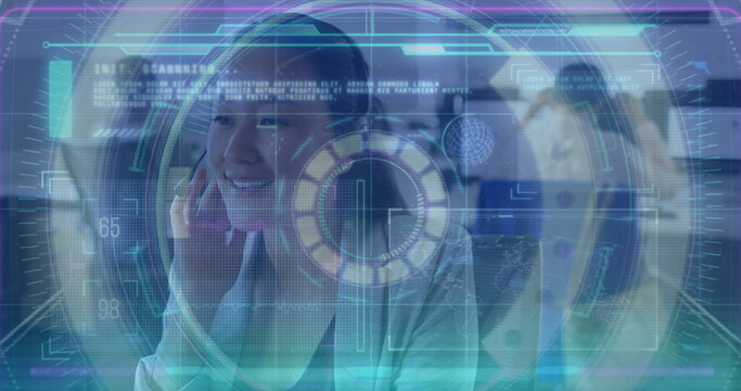 Image of data processing over asian businesswoman using phone headset in office