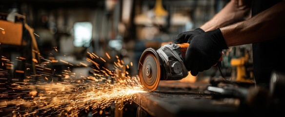 The powerful angle grinder creating sparks in a busy workshop environment.