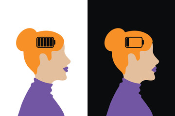mental health happy and sad woman with full and empty battery vector illustration