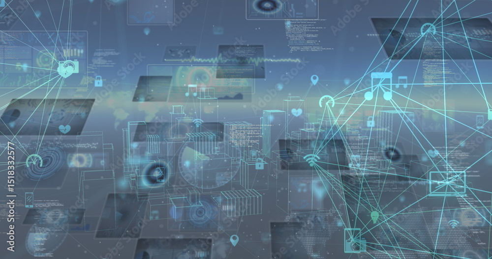 Poster image of network of connections with icons over data processing and cityscape