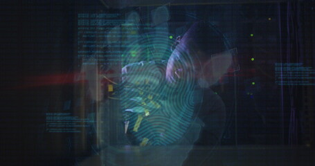 Image of finger print over african american male server room worker