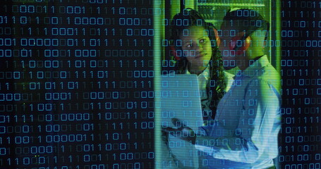 Image of data processing over african american couple server room workers using headphones