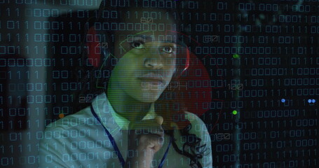 Image of data processing over african american female server room worker using headphones