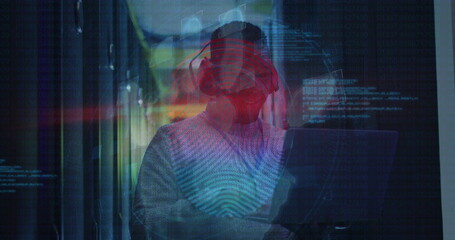 Image of finger print over african american male server room worker headphones