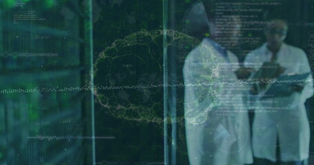 Image of data processing snd brain over african american couple server room workers