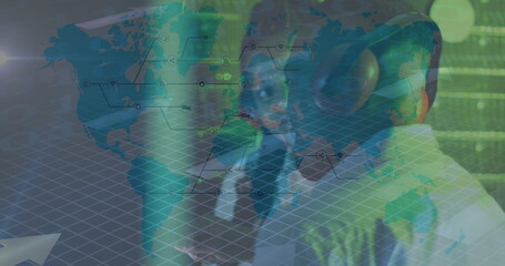 Image of data processing over african american couple server room workers using headphones