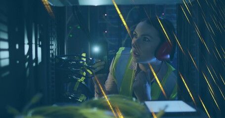 Image of moving lights over caucasian female server room worker