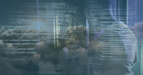 Image of data processing over african american male server room worker