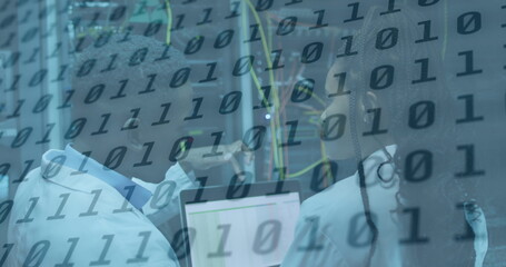 Image of data processing over african american couple server room workers