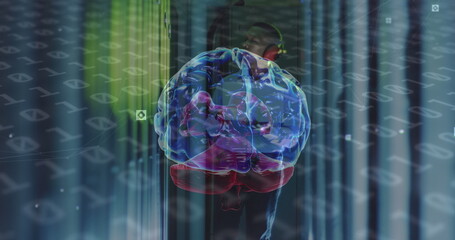 Image of data processing over african american server room worker