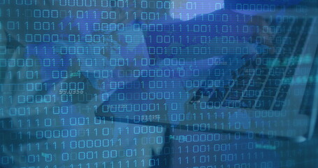 Image of data processing over server room worker