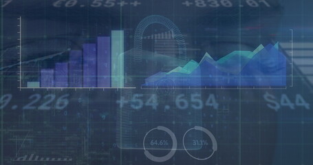 Image of data processing and security padlock over blue background