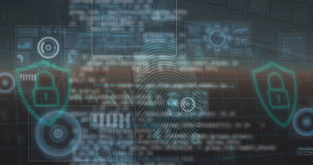 Image of data processing and fingerprint over blue background