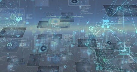 Image of network of connections with icons over data processing and cityscape
