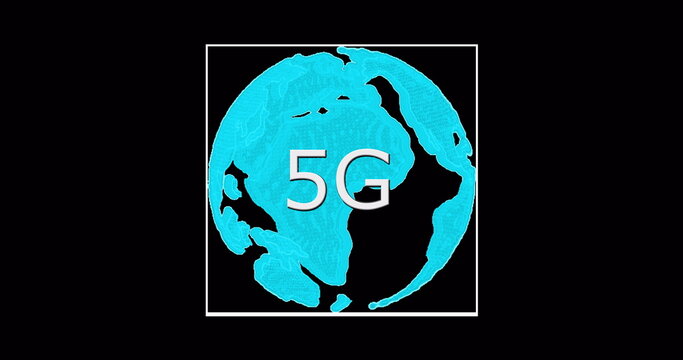 Image of rotating globe and 5g on black background - Powered by Adobe